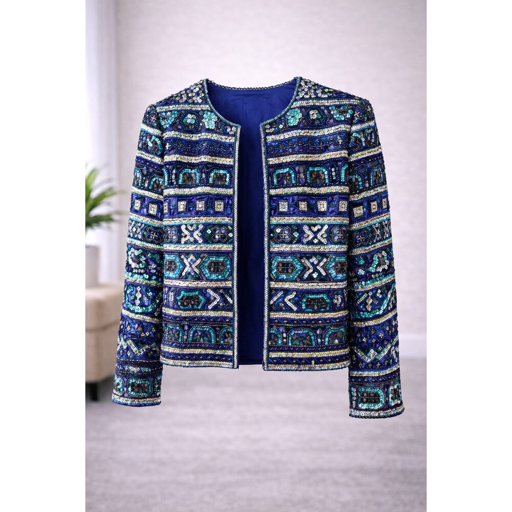 VINTAGE 90s Papell Boutique Evening Jacket Womens M Multicolor Sequin Silk